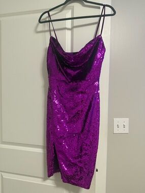 NBD Purple Sequin Cowl Slip Midi Dress